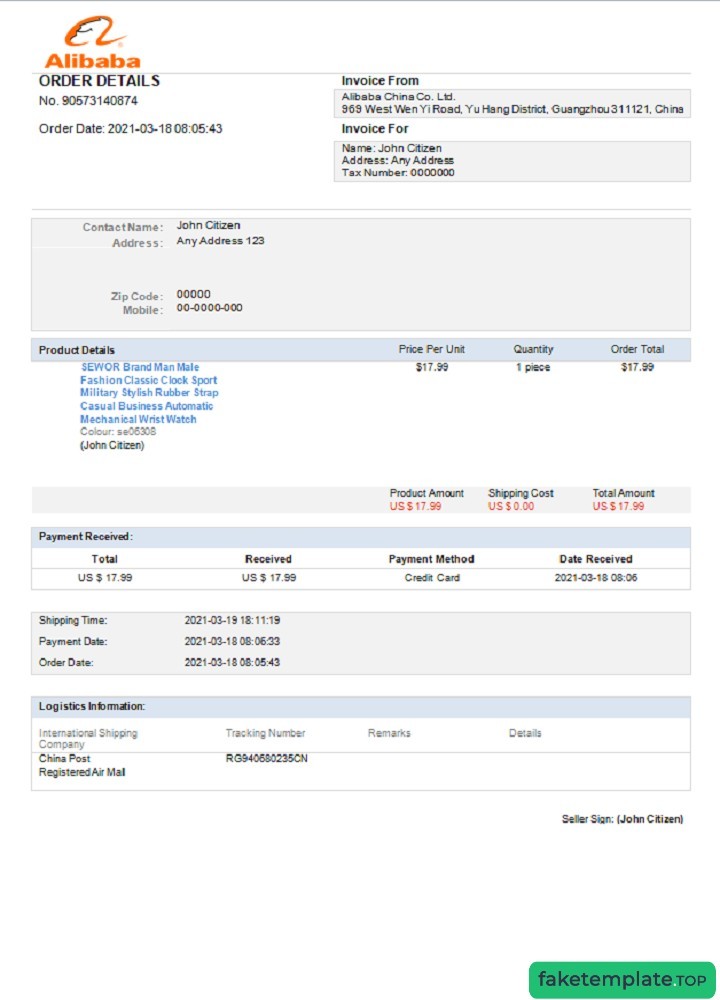 Feature of fake USA Alibaba invoice example